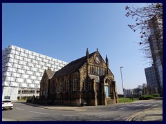 University area - Parking garage, church